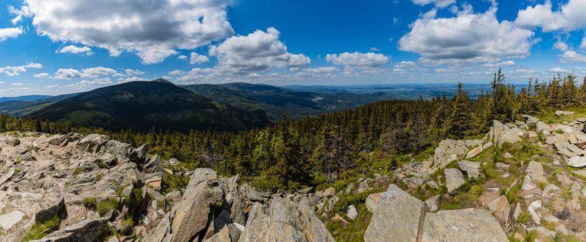 Panorama of Giant Mountains Karkonosze seen from peak of Skalny Stol - Rock Table mountain