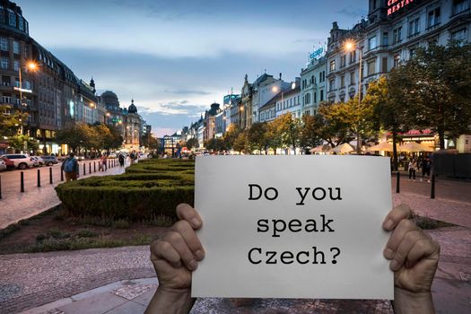 a man holding a sign with Prague's Wenceslas Square in the background