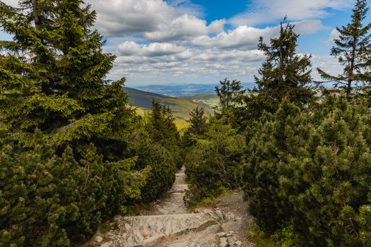 Long mountain trail full of stony stairs with panorama if Karkonosze Giant Mountains around