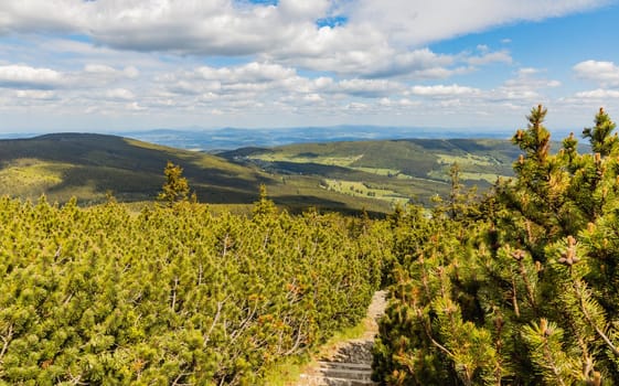 Long mountain trail with panorama if Karkonosze Giant Mountains around