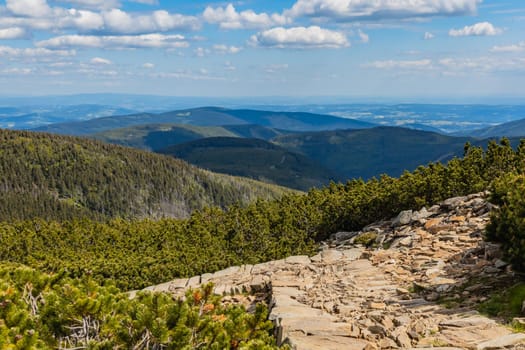 Long mountain trail with panorama if Karkonosze Giant Mountains around