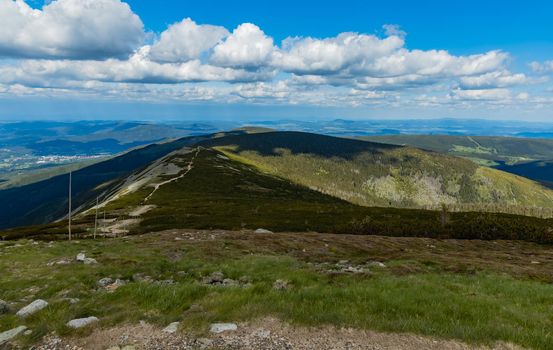 Panorama of Giant Mountains next to trail to Sniezka