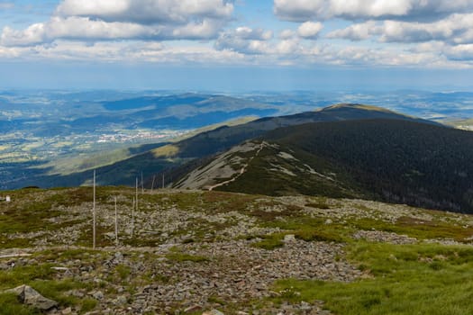 Panorama of Giant Mountains next to trail to Sniezka