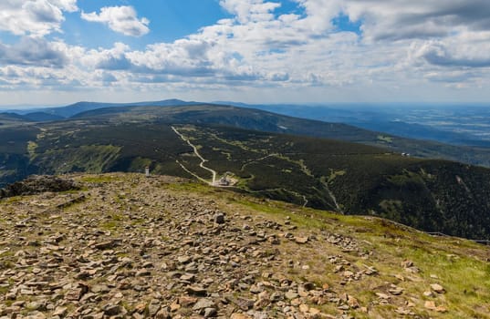 Panorama of Giant Mountains next to trail to Sniezka