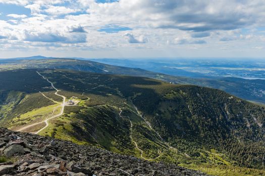 Panorama of Giant Mountains next to trail to Sniezka