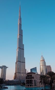 Dec 14th 2020, Dubai, UAE. View of the Burj Khalifa , the DSF markets, dubai mall, Souq al bahar and other buildings captured at evening time from the Burj park, Dubai, UAE.