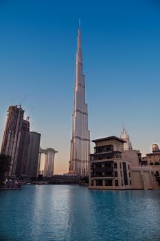 Dec 14th 2020, Dubai, UAE. View of the Burj Khalifa , the DSF markets, dubai mall, Souq al bahar and other buildings captured at evening time from the Burj park, Dubai, UAE.