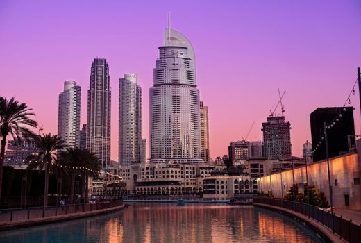 14TH dec 2020,Dubai,UAE . Beautiful view of the address hotel, souk al bahar ,the dubai mall, the and other buildings captured at the sunset time from the Dubai mall boulevard , Dubai, UAE.