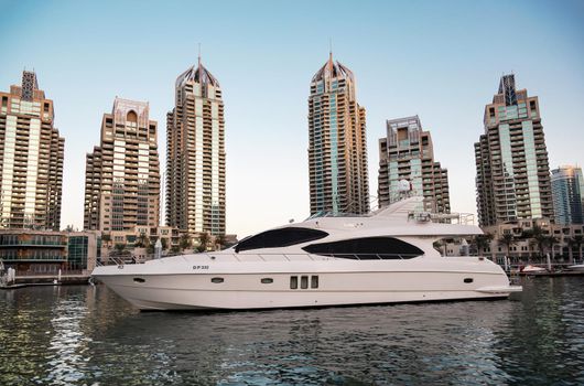 Dec 28th 2020, Dubai Marina. View of the beautiful sky scrappers, apartments, cruise ship deck and hotels captured during the evening time from the Marina mall ,Dubai, UAE.