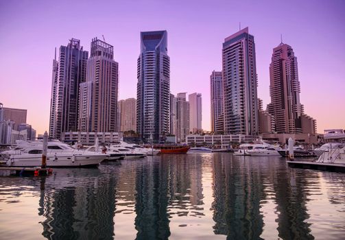 Dec 28th 2020, Dubai Marina. View of the beautiful sky scrappers, apartments, cruise ship deck and hotels captured during the evening sunset time from the Marina mall ,Dubai, UAE.