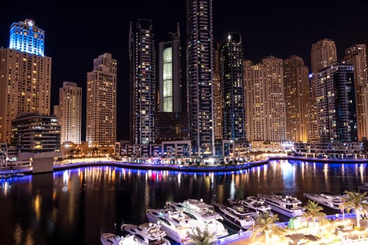 Dec 28, 2020 ,Dubai,UAE.Panoramic view of the beautifully illuminated sky scrappers, apartments and hotels captured from the marina mall ,Dubai, UAE.