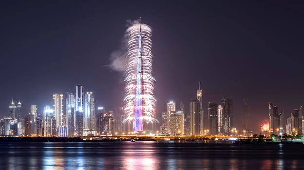 Jan 1st,2021, Dubai,uae. VIEW OF THE SPECTACULAR FIREWORKS AT THE BURJ KHALIFA ILLUMINATED WITH THE UAE FLAG COLORS DURING THE NEW YEAR 2021 CELEBRATION CAPTURED FROM THE CREEK HARBOR , DUBAI , UAE.