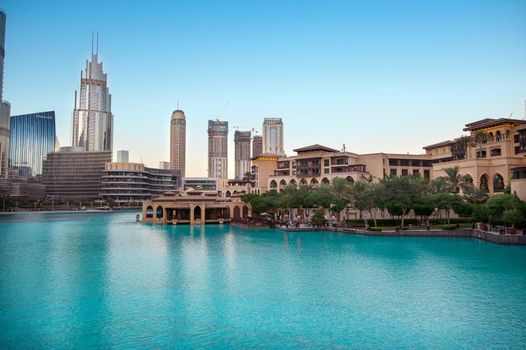 7th JAN 2021,Dubai,UAE . Beautiful view of the souk al bahar ,the dubai mall, hotels and other buildings captured at the recreational boulevard area of the Burj park , Dubai,UAE.