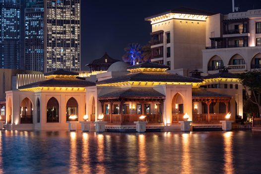 7th JAN 2021,Dubai,UAE . Beautiful view of the Thiptara restaurant at the souk al bahar and other buildings captured at the Dubai mall, Dubai, UAE.