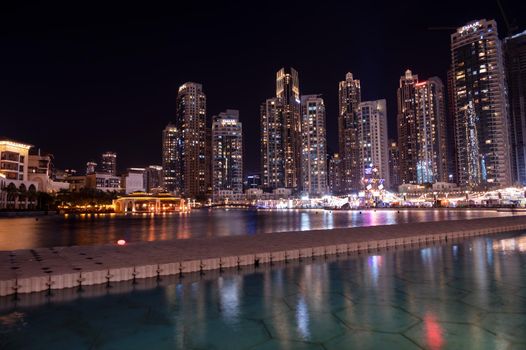 Jan 7th 2021, dubai, uae. View of the Beautifully illuminated apartments at the recreational boulevard area of the Burj park, Dubai,uae.