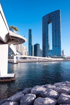 Jan 22, 2021, Dubai,UAE. Beautiful view of the Blue water residences and skyscrapers and the wharf bridge captured from the Ain Dubai, Blue water islands, Dubai , UAE.