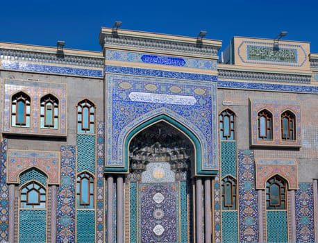 Feb 27th, 2021, Bur Dubai, UAE. View of the beautiful Iranian Mosque with intricate designs and wooden entrance door captured at Bur Dubai, UAE.