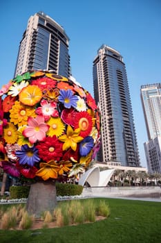 12th march 2021,Dubai,UAE. Dubai creek harbor skyline with colorful structures, promenade ,hotels and residences captured at the Dubai creek harbor, Ras al khor, Dubai , UAE.