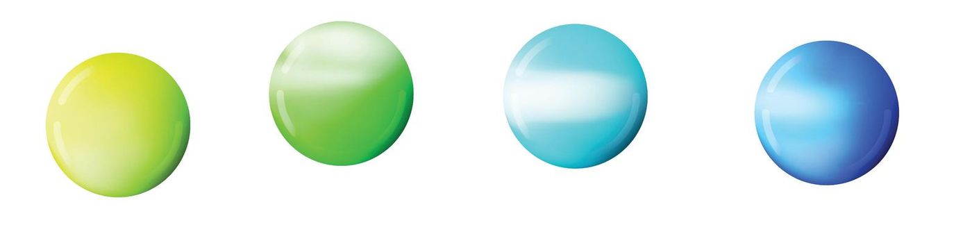 Set with glass colorful balls. Glossy realistic ball, 3D abstract vector illustration highlighted on a white background. Big metal bubble with shadow.
