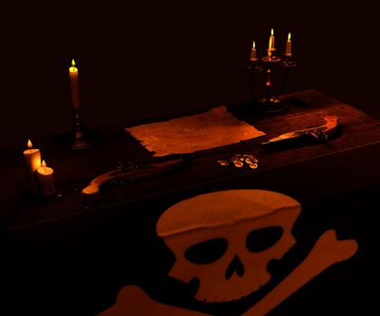 Pirate map with burning candles, flag and two guns - 3d rendering