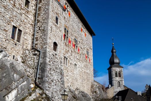 Low angle view at  Stolberg castle and church tower in Stolberg, Eifel, Germany