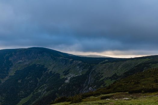 Panorama of Giant Mountains next to trail to Sniezka