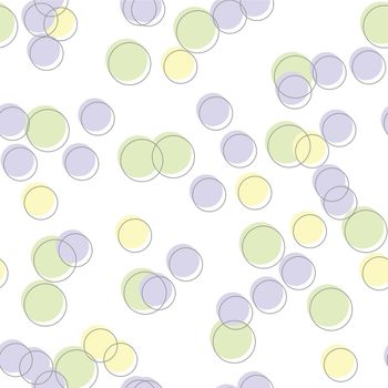 Multicolored circles on a light background. Seamless endless pattern pattern of circles yellow, purple, green color with gray strokes