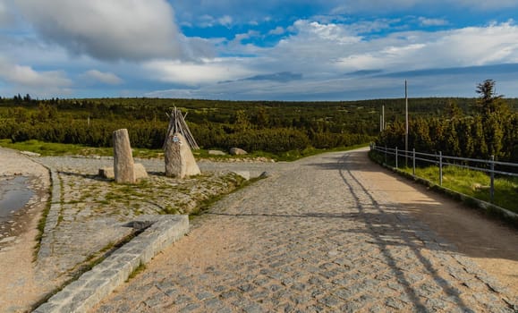 Long mountain trail with panorama of Karkonosze Giant Mountains around