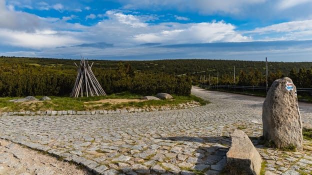 Long mountain trail with panorama of Karkonosze Giant Mountains around