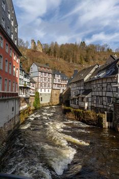 Half-timbered houses along the rur river in Monschau, Eifel