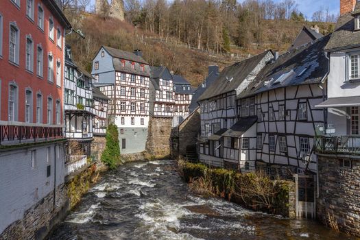 Half-timbered houses along the rur river in Monschau, Eifel