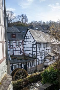 Half-timbered houses along the rur river in Monschau, Eifel