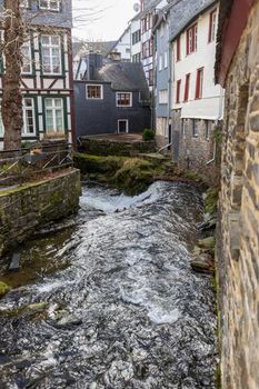 Half-timbered houses along the rur river in Monschau, Eifel