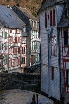 Half-timbered houses along the rur river in Monschau, Eifel