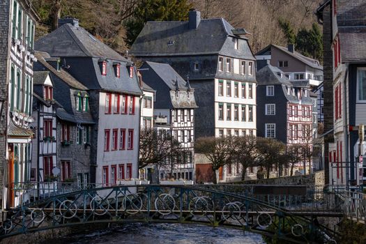 Half-timbered houses along the rur river in Monschau, Eifel