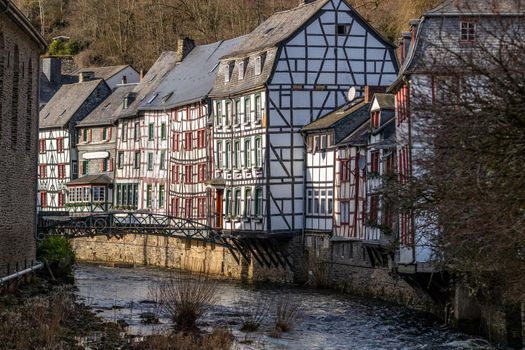 Half-timbered houses along the rur river in Monschau, Eifel