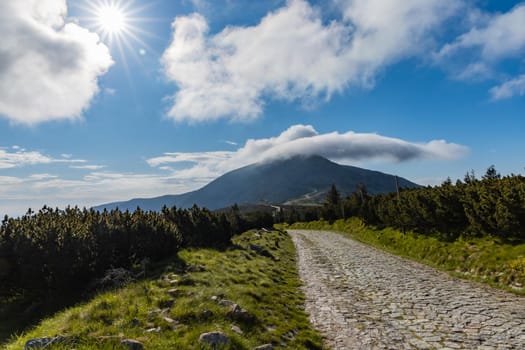 Long mountain trail with panorama of Karkonosze Giant Mountains around