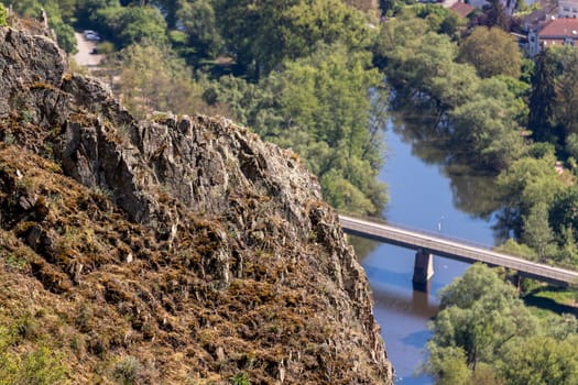 High angle view from the Rotenfels of Bad Muenster am Stein Ebernburg with rocks in the foreground