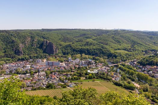 High angle view from the Rotenfels of Bad Muenster am Stein Ebernburg with the Nahe River, Germany