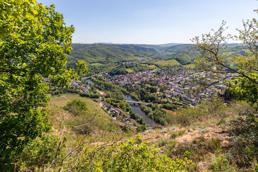 High angle view from the Rotenfels of Bad Muenster am Stein Ebernburg with the Nahe River, Germany