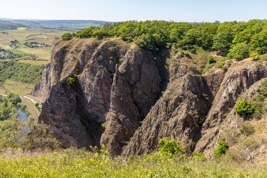 Wide angle view at landscape with rock massif from Rotenfels, Bad Muenster am Stein, Rhineland Palatinate, Germany