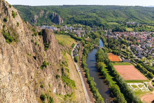 High angle view from the Rotenfels of Bad Muenster am Stein Ebernburg with rock massif and Nahe river
