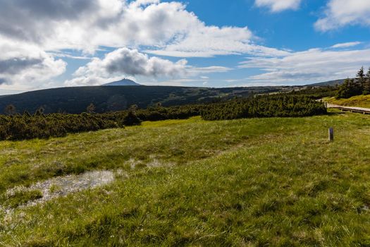 Panorama of Giant Mountains next to trail to Sniezka