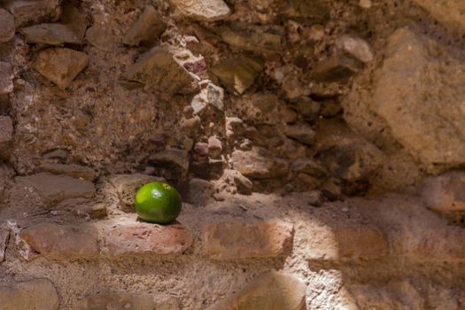 Detail of a green orange on a sill of a brick wall on a sunny day
