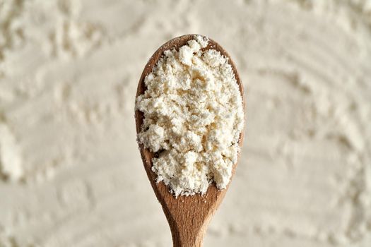 Whey protein powder on a wooden spoon, top view