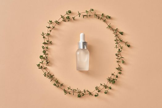 A bottle of essential oil with fresh thyme twigs in the form of a circle on pastel orange background, top view