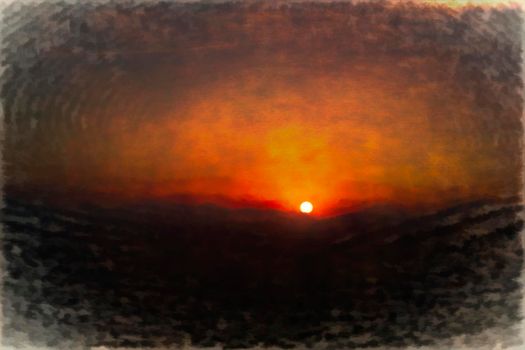 Digital painting of a sunset in mountains. Illustration.