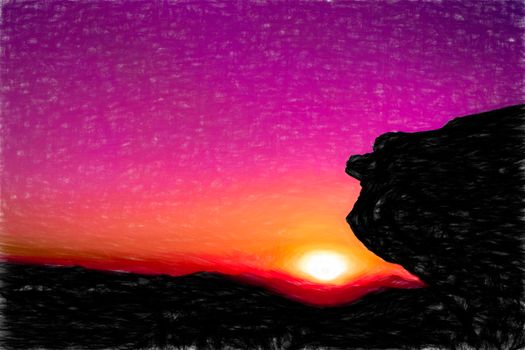 Digital painting of a sunset in mountains. Illustration.