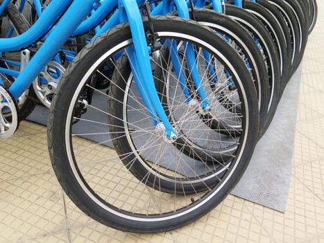 Bicycles for rent stand in a row on a parking