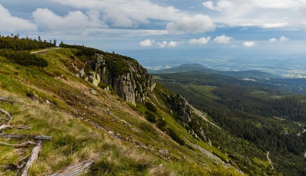 Panorama of Giant Mountains next to trail to Sniezka